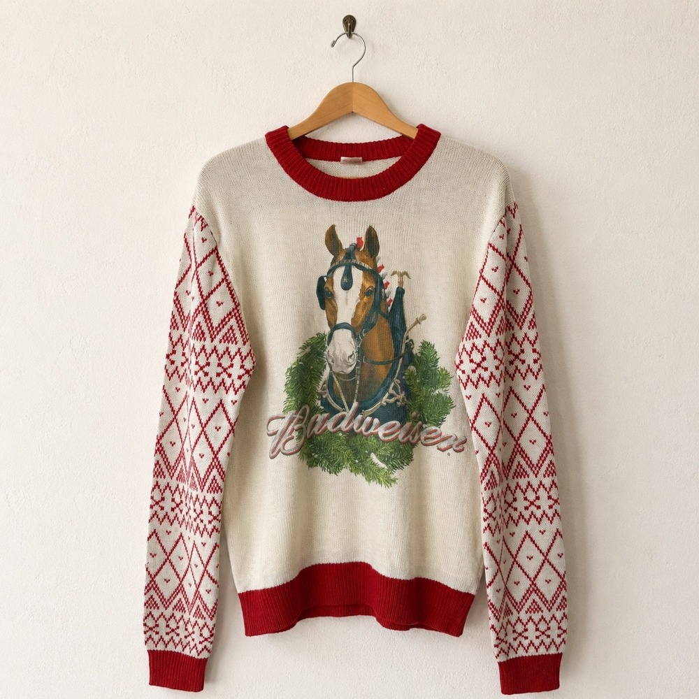 Budweiser Sweater Women XL Ivory Red Clydesdale Horse Holiday Fair Isle Beer